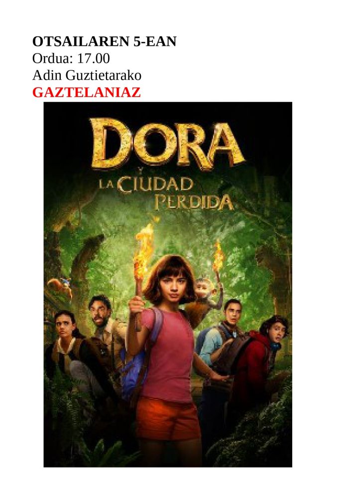 'Dora: la ciudad perdida' pelikula izango da ikusgai igandean