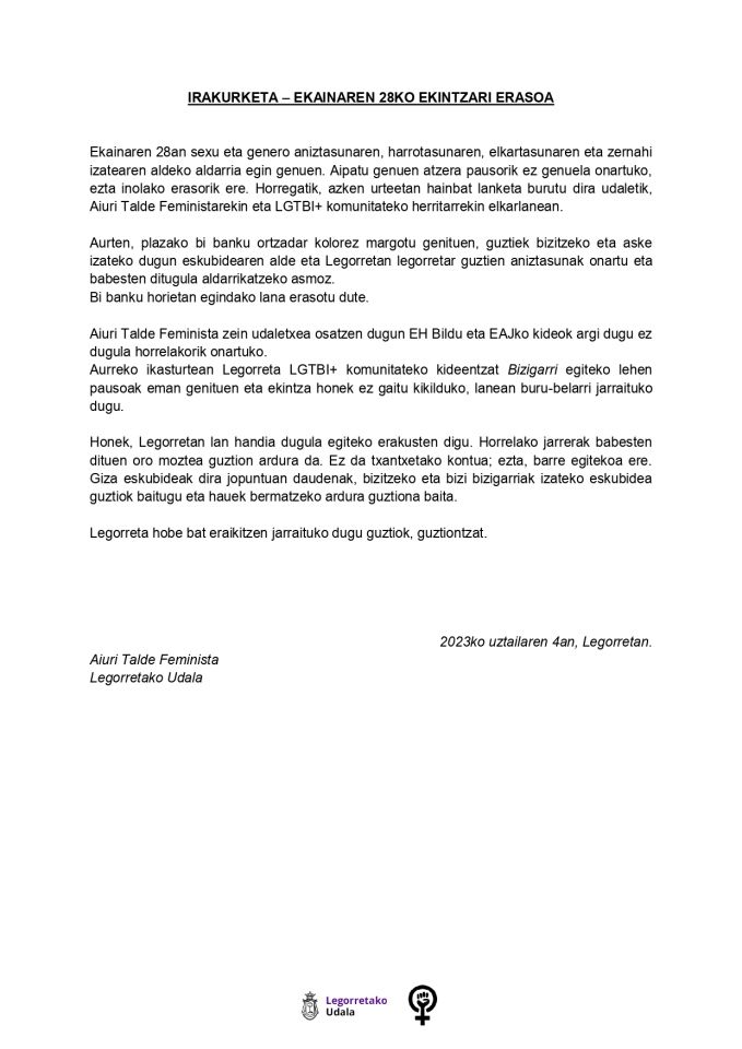 Ekainaren 28ko ekintzari egindako erasoa gaitzesten dute Legorretak udalbatzak eta Aiuri talde feministak