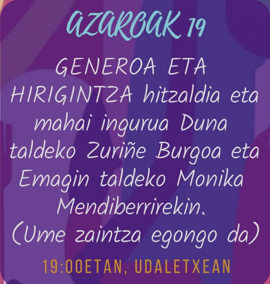 'Generoa eta hirigintza' hitzaldia gaur, 19:00etan